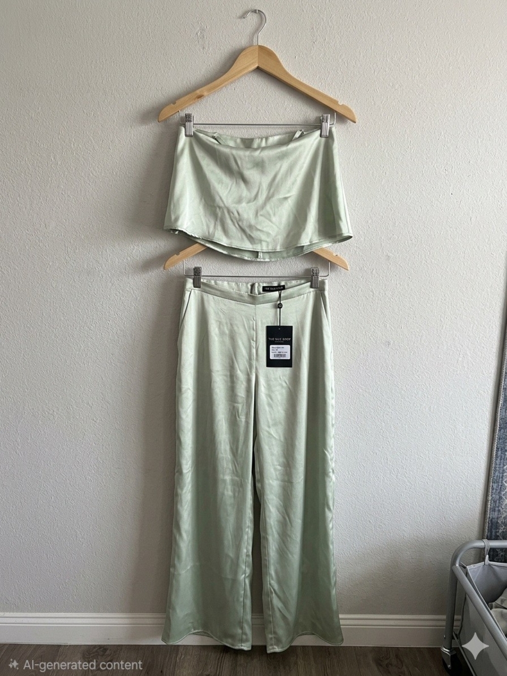 Lulu's Satin Wide-Leg Pants & Cropped Top Set - Sage Green